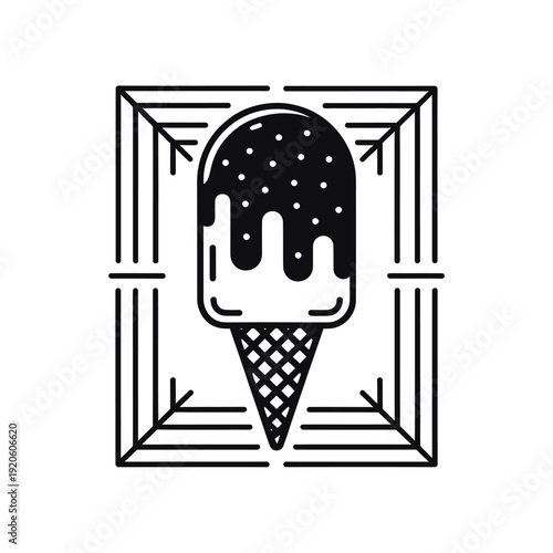 A stylized black and white illustration of an ice cream cone within a frame