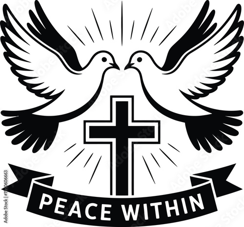 Peace within symbol with two white doves and a cross on a banner