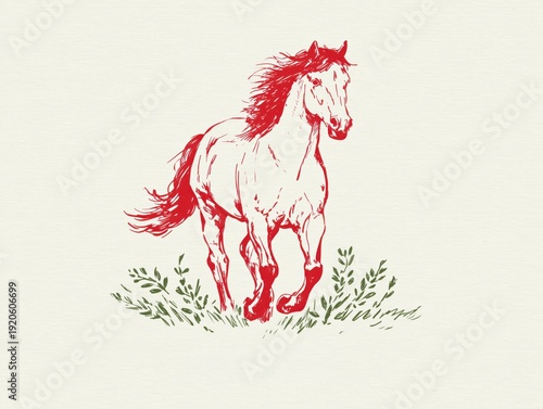 Hand-drawn running horse illustration in minimal ink sketch style on light paper, suitable for equestrian branding, sports marketing, western lifestyle packaging, posters and apparel graphics