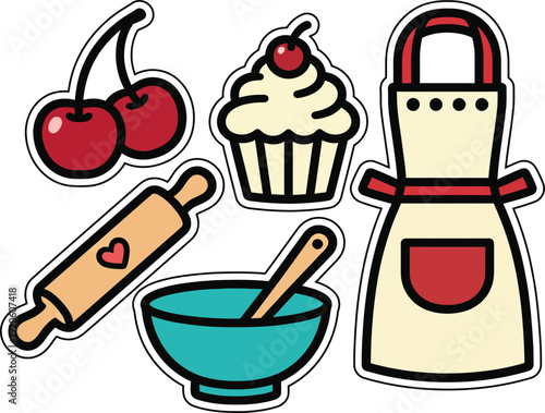Baking and kitchen tool icons. Rolling pin, mixing bowl, apron, cupcake, and cherries. Vector illustration