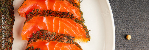 Bild auf Leinwand Salmon smoked trout loin with dill red fish natural healthy food ingredient appe