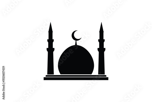 Islamic Mosque Silhouette: A sleek, minimalist silhouette of a mosque, showcasing its distinctive dome, minarets, and crescent moon symbol against a simple backdrop. 
