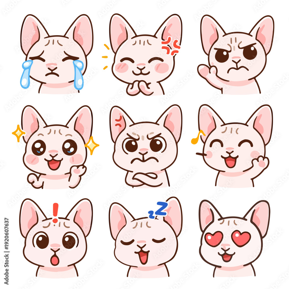 Fototapeta premium A set of cute anime cats illustrations doing different activities with different expressions.Stickers or badges. Sphynx