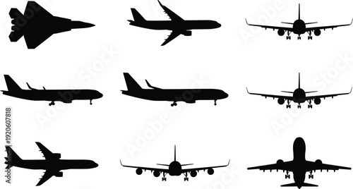 Airplane silhouettes illustration, aviation aircraft fighter jet commercial airliner profile design, vector artwork, transport and education theme, isolated background