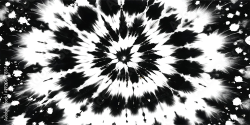A hypnotic black and white spiral pattern with a tie-dye aesthetic and explosive radial symmetry.