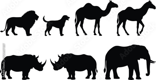 Animal silhouettes illustration, wildlife lion dog camel rhinoceros elephant profile design, vector artwork, nature and education theme, isolated background