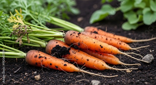 Freshly harvested carrots in garden soil.