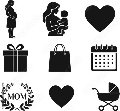 Pregnancy and motherhood silhouette icons. Pregnant woman, mother with baby, and baby shower symbols. Vector illustration