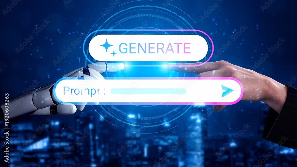 Naklejka premium Human and Robot Interaction with Generate Button and Light Effect for Concept of Artificial Intelligence and Technology Advancements in Modern Society Gluon.