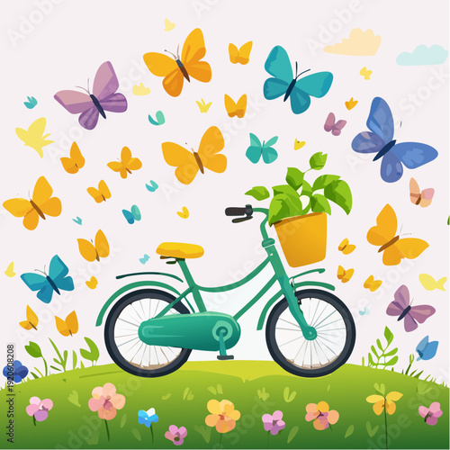 Charming bicycle adorned with a plant, enveloped by a joyful swarm of colorful butterflies fluttering amidst blooming flowers in a sunlit meadow, celebrating spring and nature's vitality