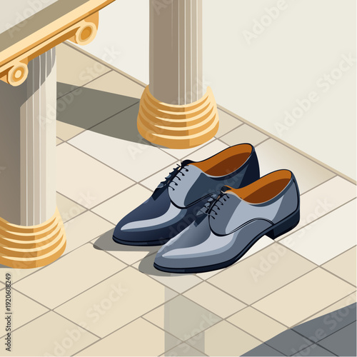 Elegant Footwear Displayed in a Classical Architectural Setting - A Stylish Illustration of Men's Dress Shoes on Tiled Ground
