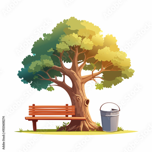 Lush Green Tree and Inviting Park Bench Illustration with Bucket, Evoking Serenity and Nature's Calm