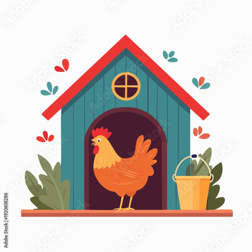 Happy Rooster in front of a Blue Chicken Coop with Red Roof and Greenery
