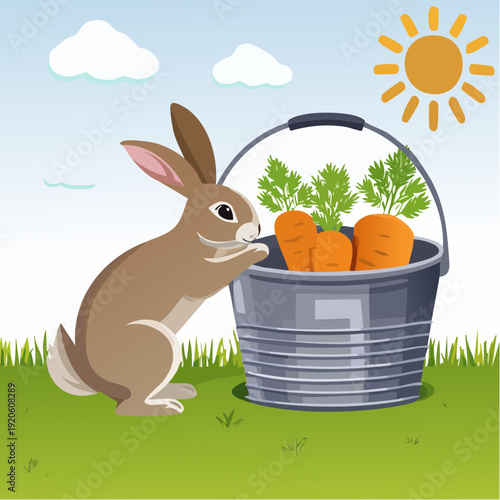 Adorable rabbit happily collecting fresh carrots from a bucket in a sunny garden