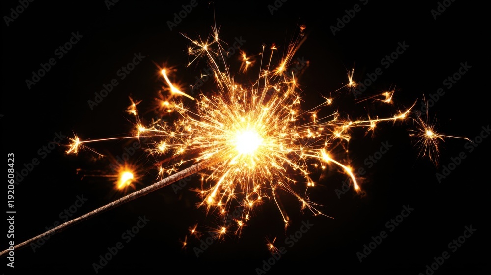 Fototapeta premium A sparkler is held aloft, radiating bright light and creating a vibrant display of sparks in the darkness. This festive activity adds joy to a nighttime celebration with friends and family.