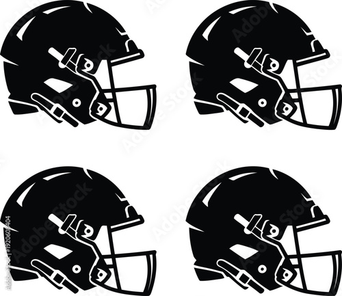 Four black football helmets on a white background
