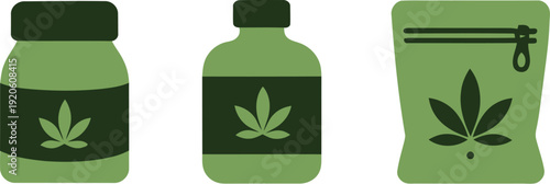 Cannabis product icon set. Includes marijuana bottle, jar, and bag. Created in flat style with green palette.