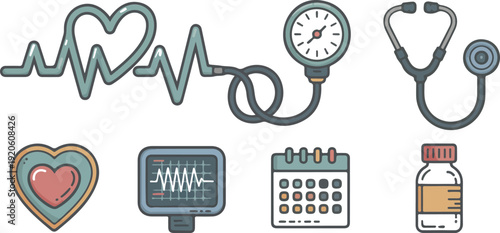 Medical icons set with heart rate blood pressure monitor calendar pills and shield for healthcare design items.