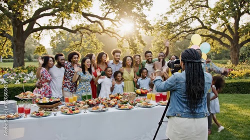 Black photographer documenting a large multigenerational african american family reunion during an outdoor garden party with food and fun activities on a sunny summer day