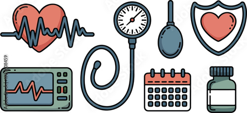 Medical icons set with heart rate blood pressure monitor calendar pills and shield for healthcare design items.