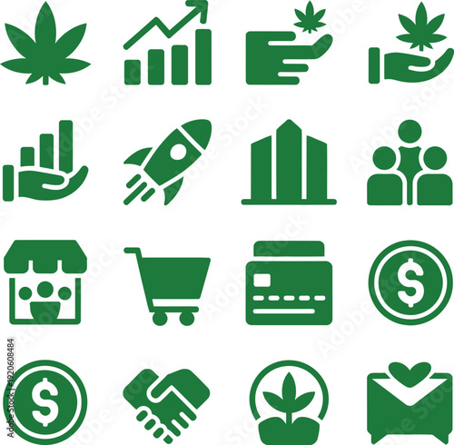 Cannabis business icon collection. Includes marijuana, finance, commerce, and growth symbols. Created in green vector style with simple illustrations
