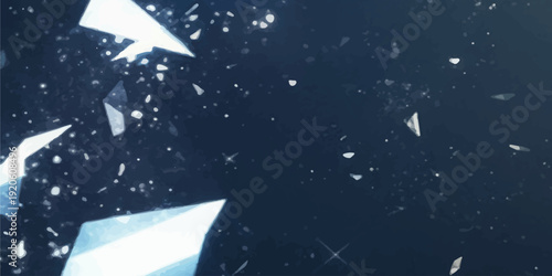 Abstract background of shattered glass or ice fragments breaking apart against a dark blue space