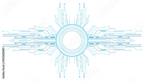 Abstract digital circuit board pattern with glowing blue lines and circular center transparent background