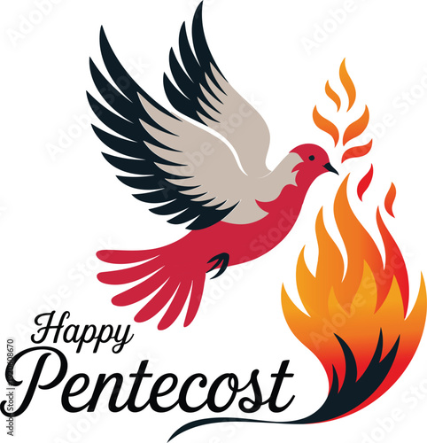 Vibrant dove flying over flames with Happy Pentecost text on transparent background