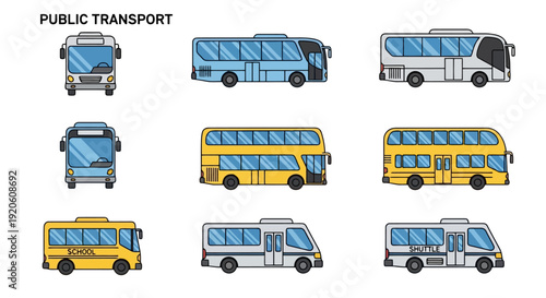 Collection of public transport buses in various designs and colors.