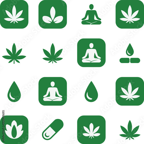 Cannabis wellness icon collection. Includes marijuana leaf, meditation, yoga, and CBD oil symbols. Created in modern style with green palette.