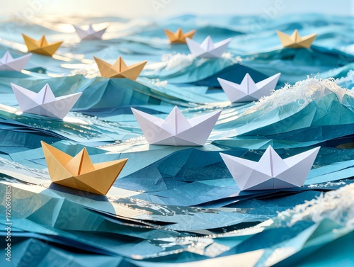 Paper boats sailing on stormy paper waves, leadership and business competition concept.