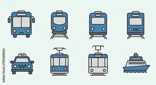 Collection of modern transportation icons including bus train taxi tram and ship.