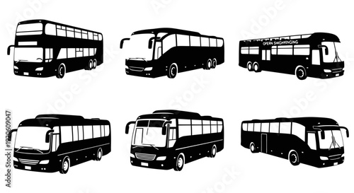Collection of modern bus silhouettes isolated on white background.