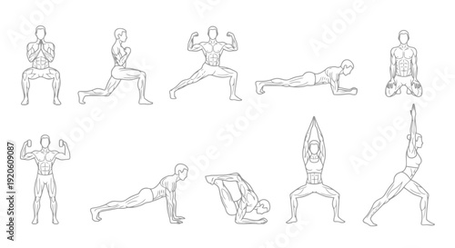 Collection of Male Figures Demonstrating Various Yoga Poses and Exercises.