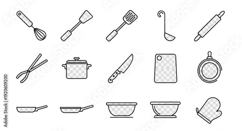 Collection of Kitchen Utensils and Cookware Line Art Icons.