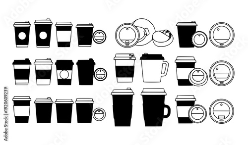 Disposable coffee cups collection flat minimalist vector illustration on white background