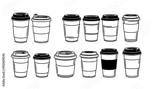 Decorative disposable coffee cups black and white minimalist vector illustration