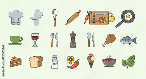 Collection of Kitchen Utensils and Food Items.