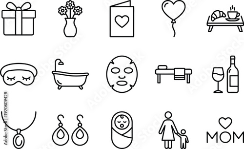 Mother's Day and self care icons. Wellness, pampering, and motherhood gift set. Vector illustration