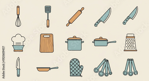 Collection of kitchen utensils and cooking equipment illustrations.