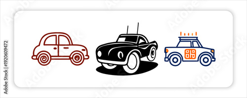 Retro and modern car vector illustration set with transportation iconsSimple vector icon set of restaurant food and drink items including knife fork glass cup bottle and tools