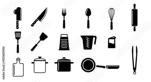 Collection of kitchen utensils and cooking equipment icons.