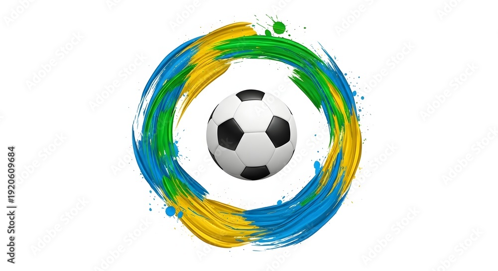 Obraz premium Soccer Ball Center of Abstract Paint Swirl with Yellow Blue Green Colors