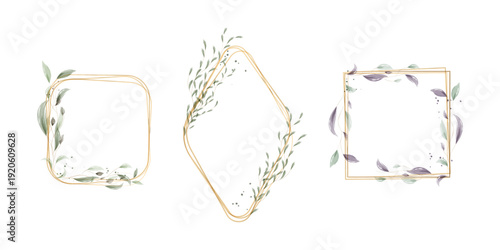 Three distinct watercolor frames showcase delicate gold lines adorned with botanical leaves. Soft green and subtle purple foliage accents round, diamond, and square shapes, creating elegant designs.