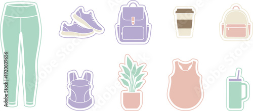 Gym and fitness lifestyle stickers. yoga, workout, healthy habit, sportswear. vector illustration