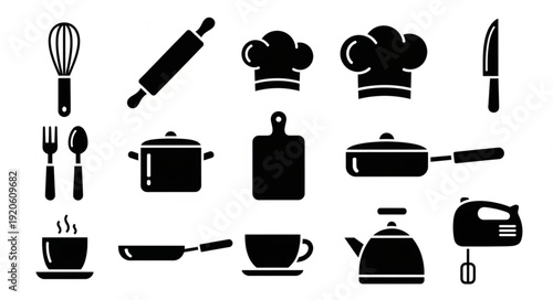 Collection of kitchen utensils and cooking equipment icons.