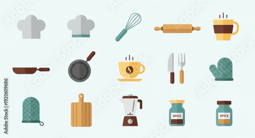 Collection of kitchen utensils and cooking equipment icons.