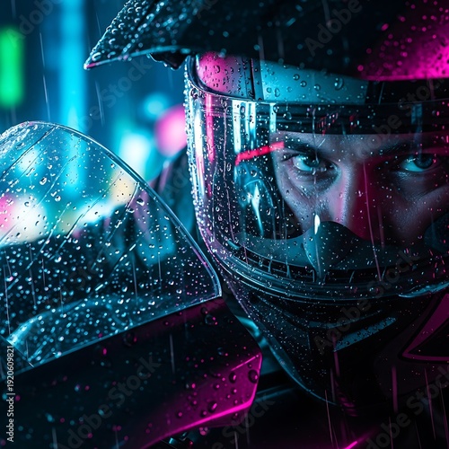 Futuristic Firefighter in Neon Lit Environment.
