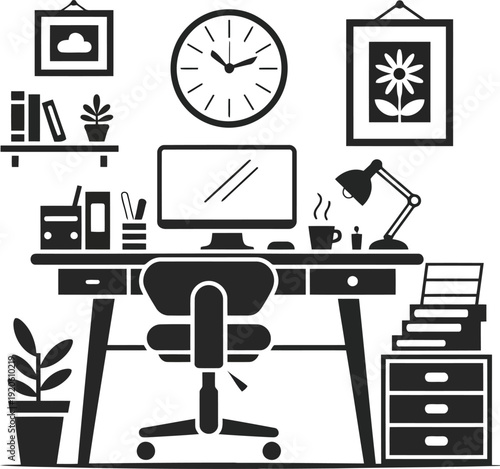 A black and white illustration of a home office workspace