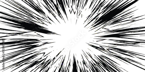 A dynamic black and white radial burst effect creating a sense of rapid movement and energy